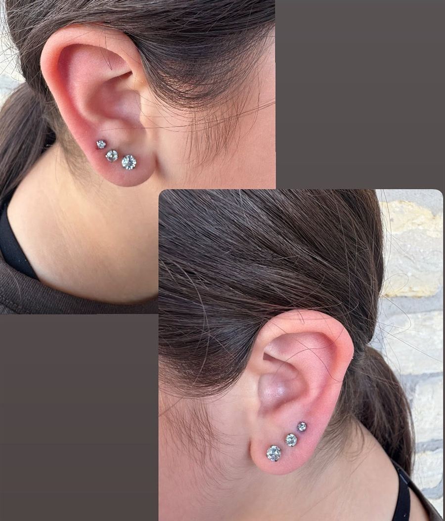 Collage of stacked lobe and helix ear piercings
