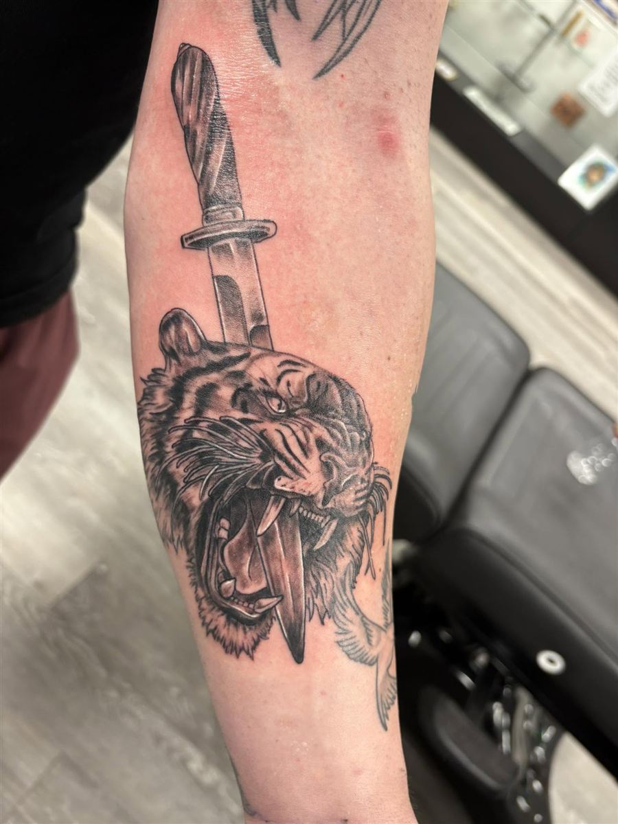 Black and grey tiger head and dagger sleeve tattoo on the arm